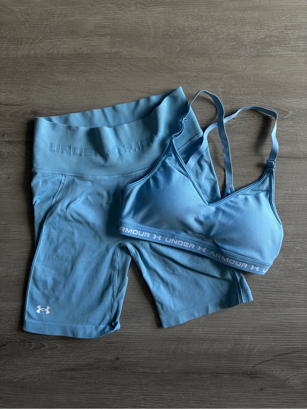 Under Armour Sky Blue Sports Bra and High-Waist Bike Shorts Set